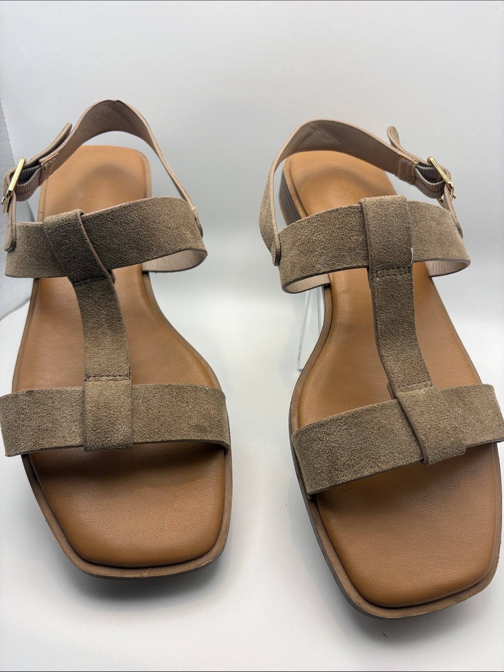Bamboo Taupe Suede T-Strap Slingback Sandals